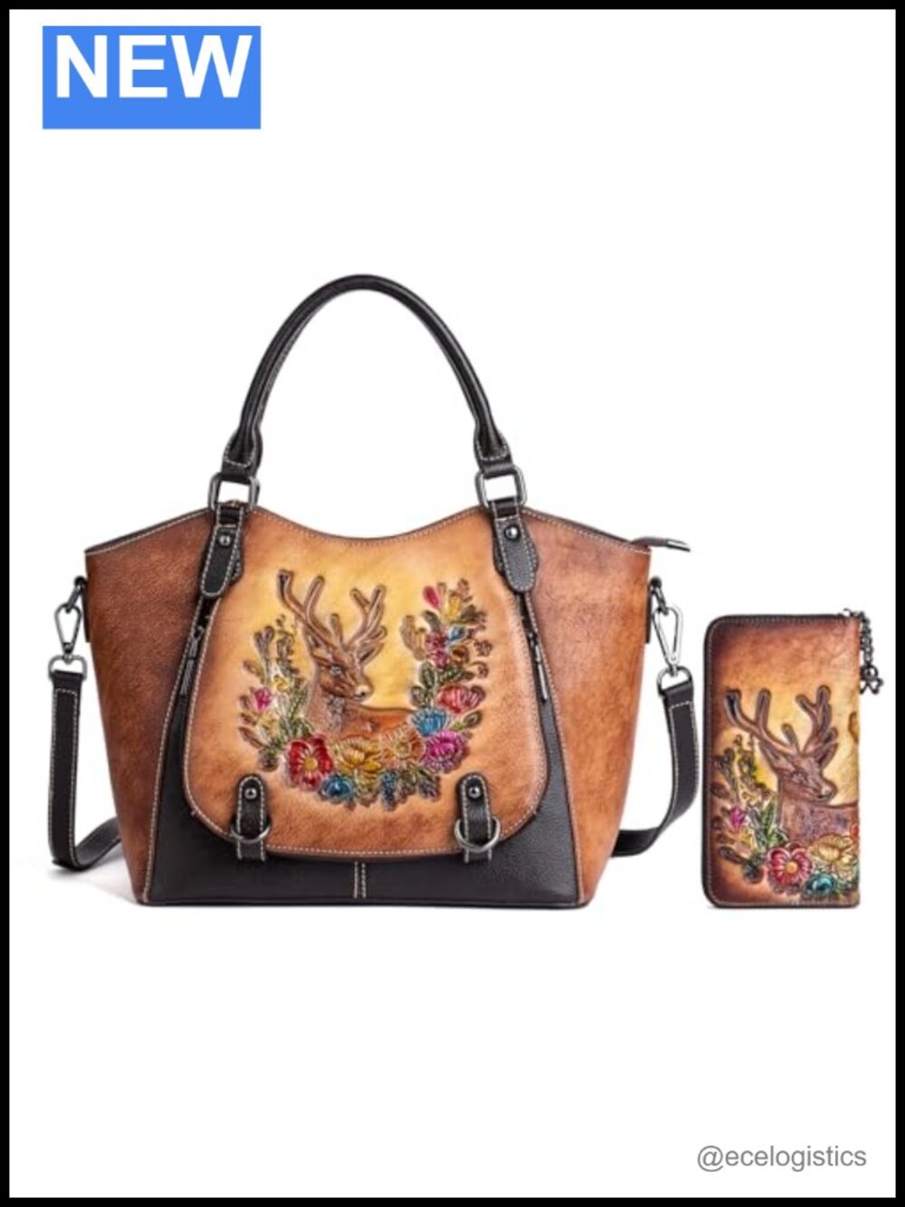 Vintage Genuine Leather Handbag & Wallet Set - Floral Deer Satchel with RFID